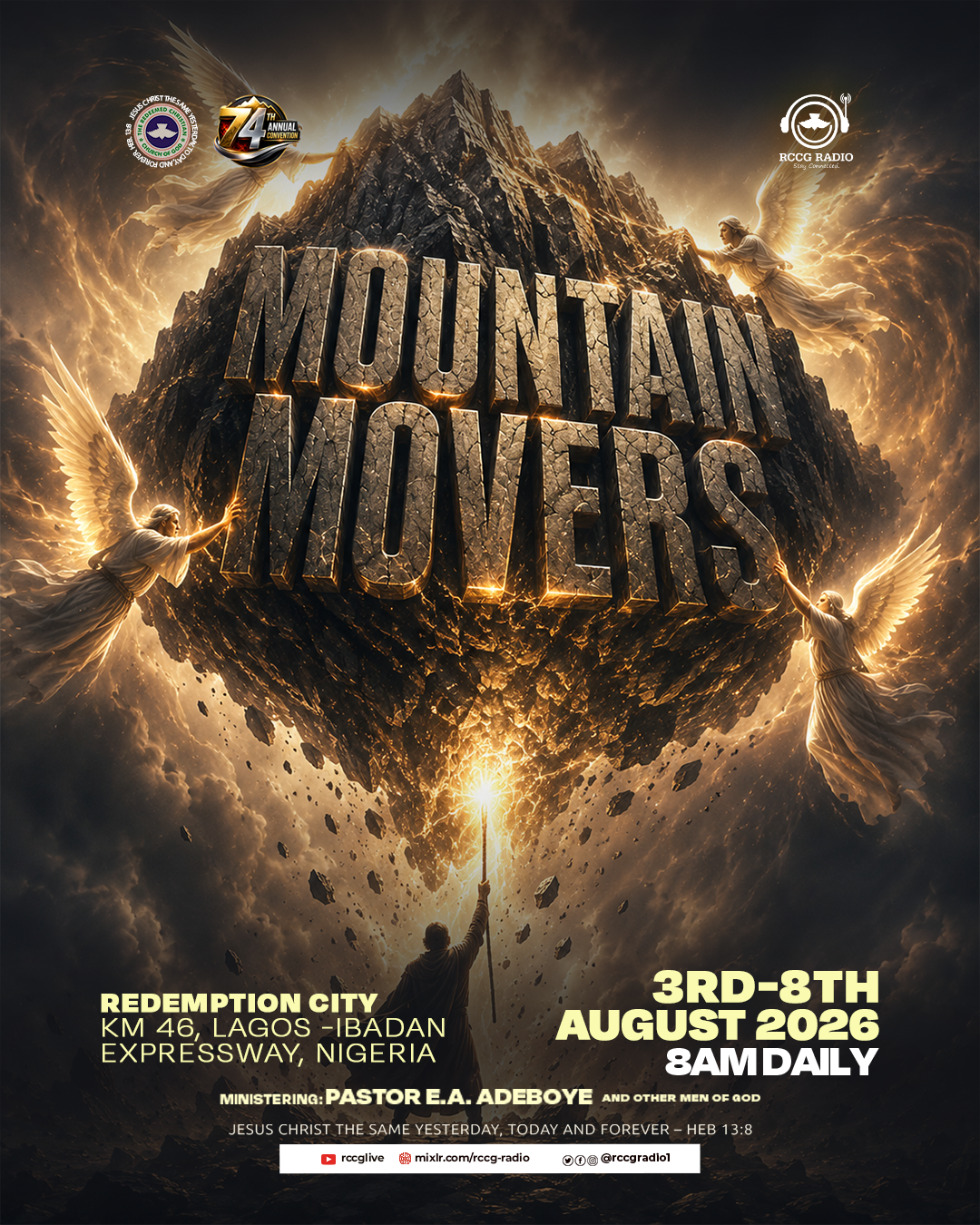 Mountain Movers — RCCG 74th Annual Convention flyer. Redemption City, KM 46, Lagos–Ibadan Expressway, Nigeria. 3rd–8th August 2026, 8am daily. Ministering: Pastor E.A. Adeboye and other men of God.